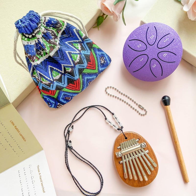 Jongdari Mini Rain Drum and Kalimba Thumb Piano, 2pcs Mini Musical Instruments 8 Key Exquisite Finger Thumb Piano and 3 Inch 6 Notes Metal Steel Tongue Drum for Adult Beginners (Purple) - Image 2